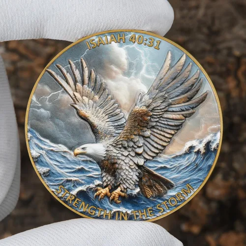 Vista 7 de Moneda de desafío de águila 3D de doble cara de aleación de zinc de 1.57 pulgadas, diseño inspirador colorido con Isaías 40:31, tema de fuerza