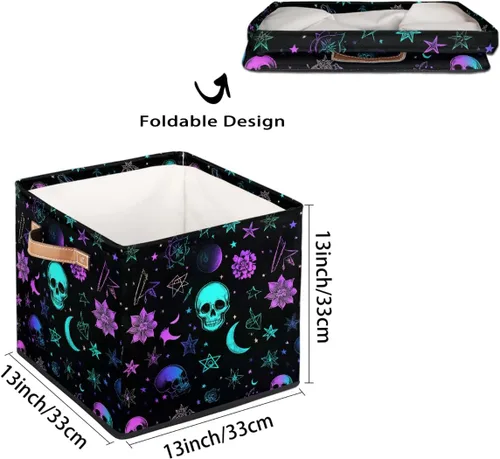 Vista 2 de Cube Storage Bins for Shelves, Neon Blue And Purple Skull Flower Decorative Fabric Organizer Box with Handles for Living Room, Dorm Room, Classroom