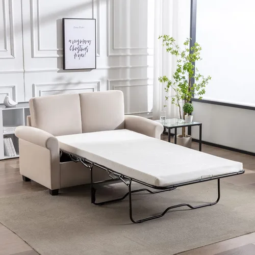 Vista 8 de Sofá cama extraíble, sofá biplaza 2 en 1 con colchón de espuma plegable, sofá cama extraíble de terciopelo con puerto de carga USB y enchufe de 3