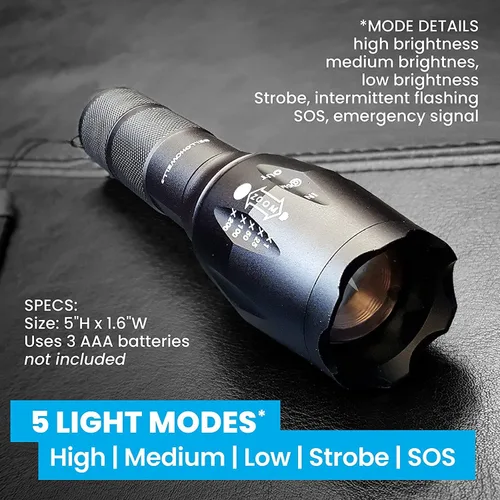 Vista 4 de Bell+Howell TacLight - Linterna LED brillante, linterna táctica, función de zoom, 5 modos, bombilla de 100,000 horas, resistente al agua, duradera
