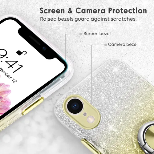 Vista 4 de Funda para iPhone XR, funda para iPhone XR, delgada, brillante, suave, TPU a prueba de golpes, soporte de anillo protector híbrido contra caídas