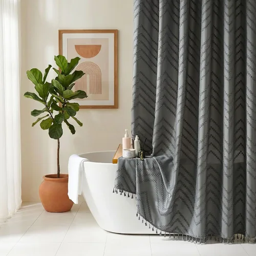 Vista 33 de Cortina de ducha Siiluminisoy de 36x72 beige, cortina de ducha de tela de tamaño pequeño, cortinas de ducha de tela con tufting, diseño chevron a
