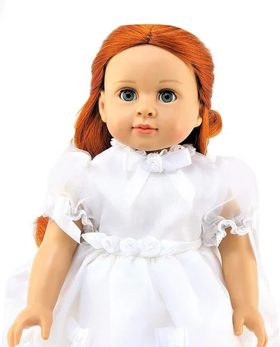 Vista 2 de American Fashion World Vestido de comunión blanco con flores para muñecas de 18 pulgadas Velo incluido Calidad premium y diseño moderno Ropa