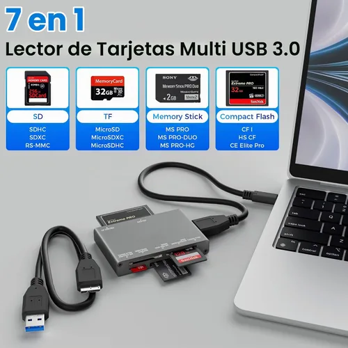 Vista 2 de Lector de tarjetas de memoria múltiple 7 en 1, lector de tarjetas SD USB 3.0 (5Gbps) Lectura simultáneamente 7 tarjetas para tarjeta de memoria