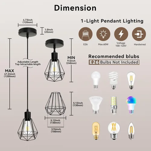 Vista 5 de LTBLIGHT Paquete de 1 lámpara colgante de granja con base E26 de altura