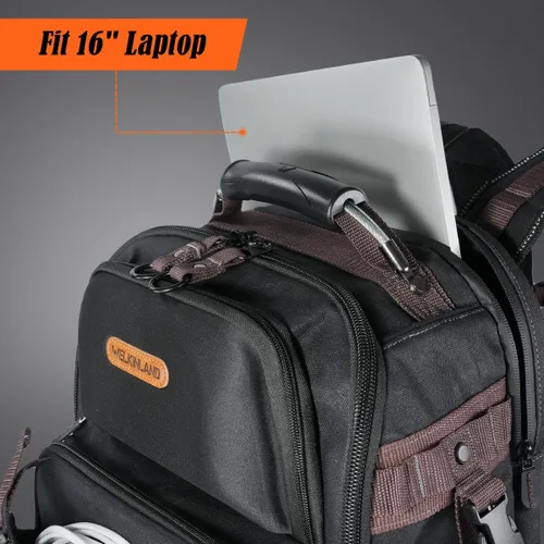 Vista 8 de WELKINLAND Mochila de herramientas de 76 bolsillos, mochila para electricista de fondo duro, mochilas grandes de alta resistencia