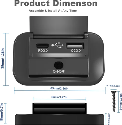 Vista 7 de Vadaxx 2 salidas USB RV de 12 V con interruptor de alimentación, 54 W Dual PD3.0 Tipo-C y carga rápida QC3.0 USB-A Panel de montaje en pared