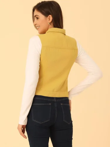 Vista 4 de Allegra K Chaleco de mezclilla lavado con botones para mujer, con bolsillos con solapa en el pecho