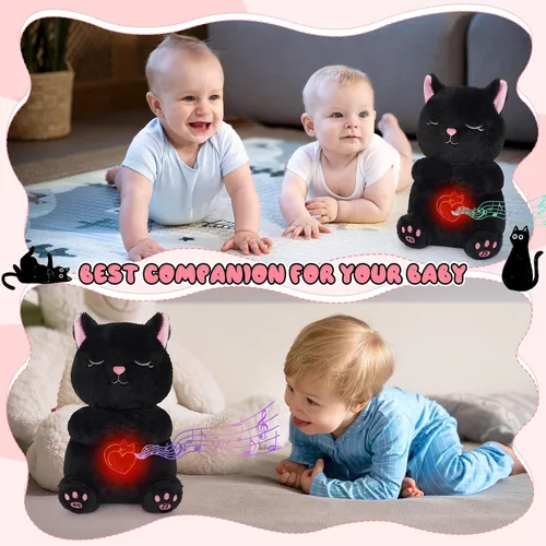Vista 4 de Animal de peluche que respira – Juguete de peluche de gato negro, máquina de sonido relajante con movimiento de respiración realista y luces