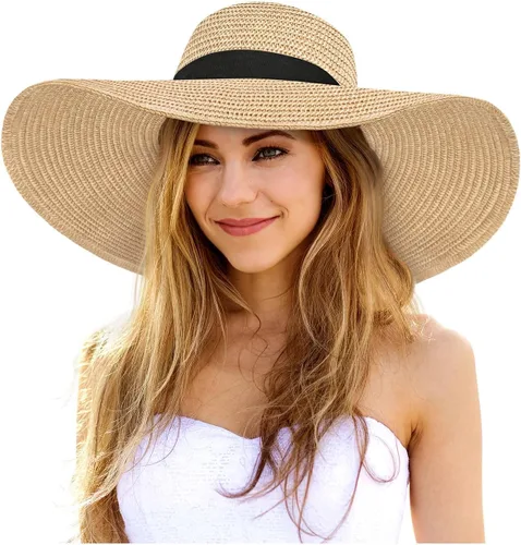 Vista 7 de Sombreros de sol flexibles para mujer, sombrero de playa de paja de ala Caqui