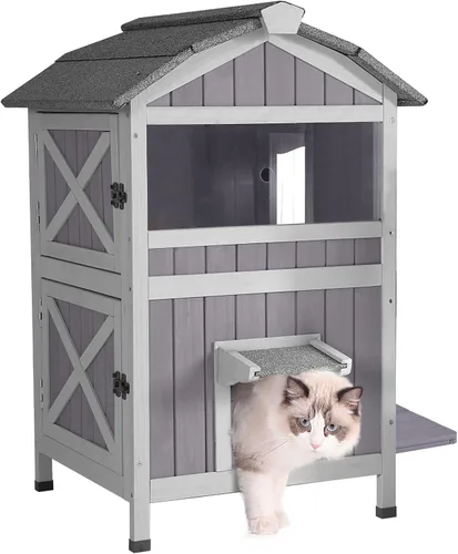 Vista 8 de Cat House - Casa para gatos con cortina para gatos con aislamiento, techo resistente a la intemperie (cubierta individual)