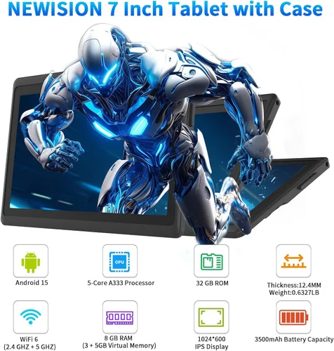 Vista 2 de Tablet de 7 pulgadas con funda, tabletas Android 15 de cinco núcleos, 8GB RAM 32GB ROM expansión de 512GB, pantalla IPS HD de 1024 x 600, 3500mAh