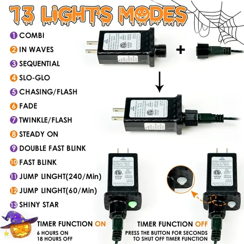 Vista 8 de Guirnalda de luces moradas y naranjas de Halloween, se pueden conectar entre sí, 2 unidades, 164 pies, 400 LED, 13 modos, impermeable