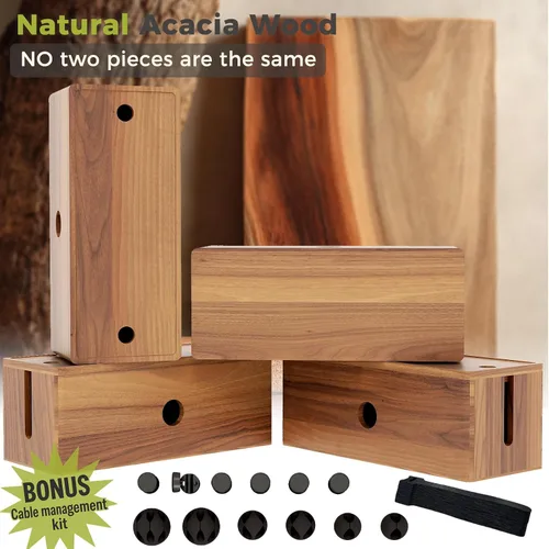 Vista 7 de Caja grande de madera de acacia para cables de alimentación, corrector de cable de perfil bajo para cables de piso y cables de extensión, protector