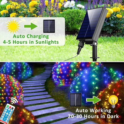 Vista 4 de Luces Solares de Red para Exteriores, 360 LED USB Luces de Malla Multicolor Impermeables para Arbustos, 21 pies x 5 pies, 8 Modos Luz de Cadena