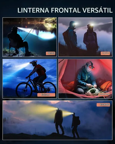 Vista 8 de Linterna frontal recargable con zoom y luz lateral roja, 4000LM con sensor de movimiento, luces de 3 colores, IP65, impermeable, 90°, ajustable