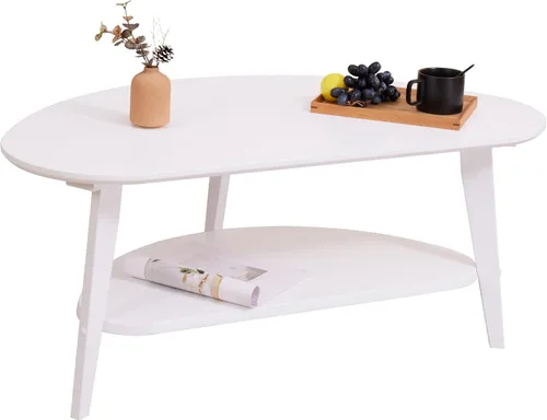 Vista 9 de Mesa auxiliar moderna de mediados de siglo, mesas de centro ovaladas con almacenamiento para sala de estar, mesa central de madera maciza de 2