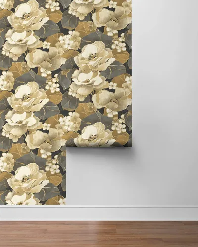 Vista 6 de NextWall Nouveau - Papel tapiz floral para despegar y pegar (ébano y oro antiguo)