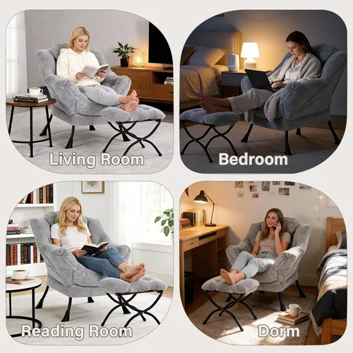 Vista 7 de Silla perezosa moderna con otomana, cómoda silla de lectura para sala de estar