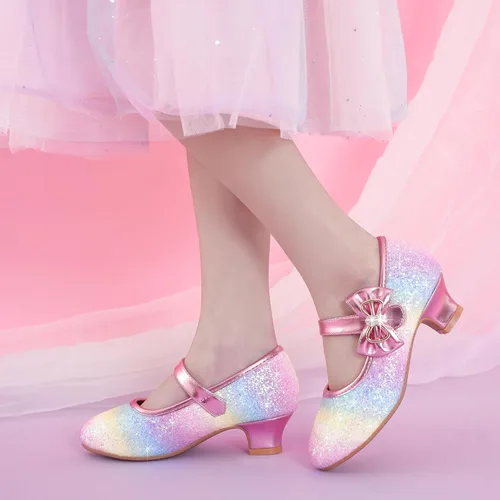 Vista 2 de Dufannie Zapatos de vestir para niñas, zapatos de tacón bajo de princesa, zapatos planos con purpurina para bodas y fiestas