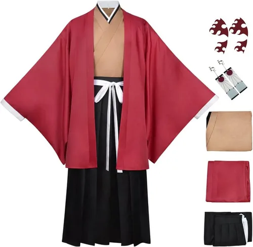 Vista 4 de AIUKAKP Disfraz de cosplay de Tsugikuni Yoriichi, kimono de Tsugikuni con peluca y aretes, bata roja, uniforme para Halloween