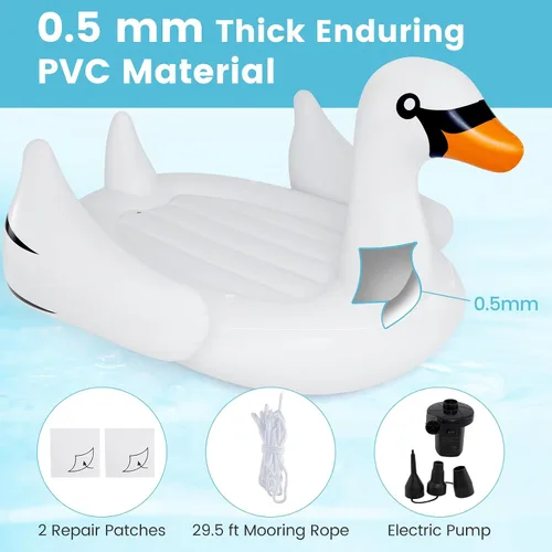 Vista 3 de Goplus Isla flotante de cisne inflable gigante, flotador de piscina para 4 personas con 4 soportes para tazas, muelle flotante recreativo para lago