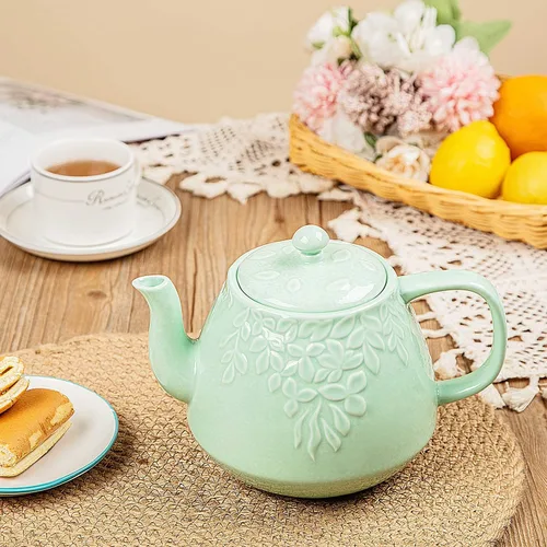 Vista 4 de Toptier Juego de tetera de hierro fundido y tetera de porcelana, 32 oz y 37 oz, apta para estufa, verde