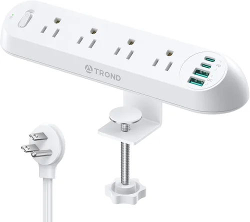 Vista 12 de TROND Regleta de alimentación con abrazadera de escritorio USB C PD 20 W, protector de sobretensiones con 4 salidas de CA, 4 puertos USB, cable