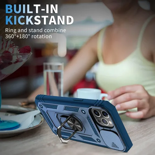 Vista 6 de Fetrim Funda para iPhone 12, Funda de teléfono con soporte de anillo de rotación para Apple iPhone 12/12 PRO - Azul