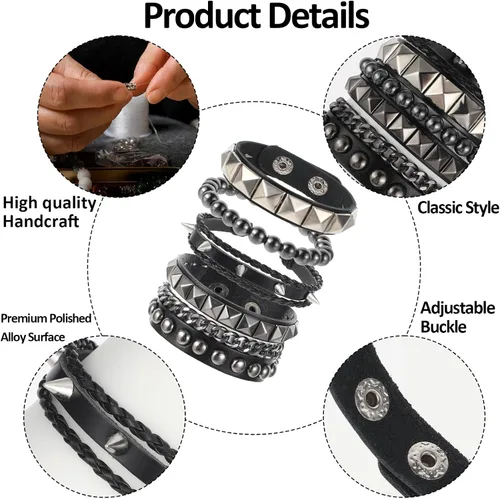 Vista 3 de 4 Pulseras de Cuero Tachonadas, Pulsera Punk de Cuero PU con Pinchos para Hombres y Mujeres, Brazalete de Cuero Muñequera de los Años 80 Juego