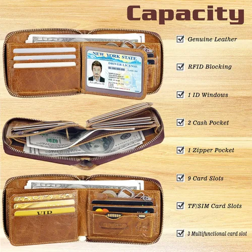 Vista 41 de Admetus - Cartera de piel auténtica para hombre con cremallera, plegable
