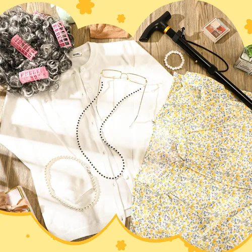 Vista 4 de 9 piezas de disfraz de anciana para niñas del día 100 de escuela, disfraz de abuela para Halloween, accesorios de cosplay