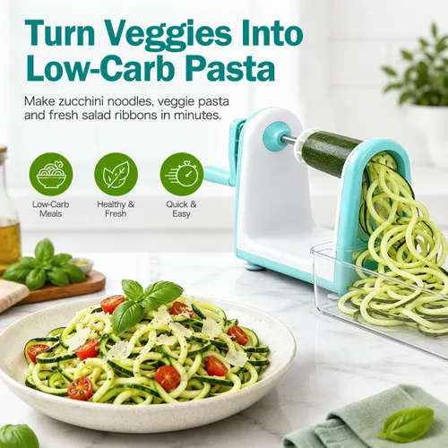 Vista 2 de Ourokhome Espiralizador de espaguetis para hacer fideos de calabacín, cortador de verduras de 5 cuchillas para fideos vegetales y chips rizados