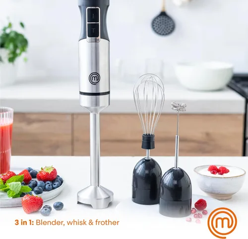 Vista 3 de MasterChef Paquete de licuadora de inmersión + tablas de cortar Emulsionante manual de acero inoxidable con accesorios + tabla de cortar de bambú