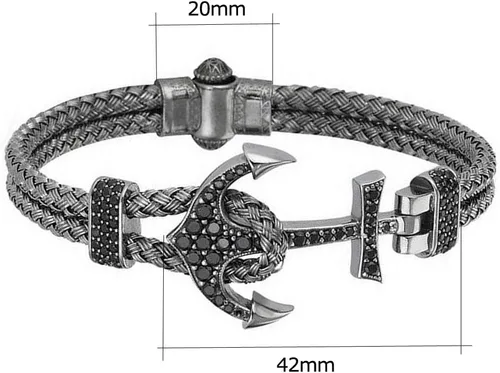 Vista 5 de Brazalete de ancla para hombre con ancla de acero inoxidable y correa de piel negra BCB-0125