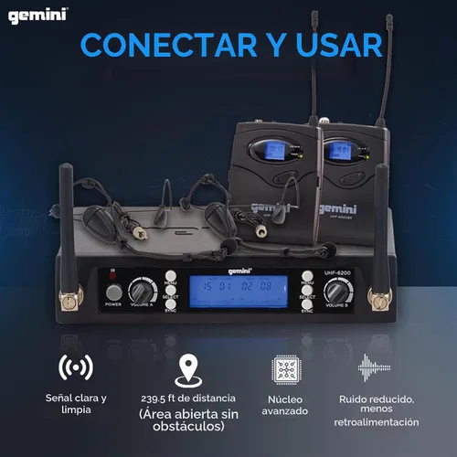 Vista 2 de Gemini Auriculares duales UHF y sistema de micrófono inalámbrico Lavalier (UHF-6200HL) Dual UHF headset & lavalier mics, 512-537.5 MHz - auto SYNC