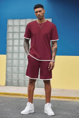 Vista 49 de COOFANDY Conjunto de camisa y pantalones cortos de gofre para hombre, conjunto de 2 piezas, conjunto casual de verano con bolsillos
