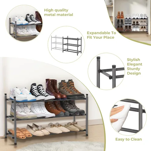 Vista 4 de Zapatero, organizador de almacenamiento de zapatos expandible para armario, zapatero de metal de 3 niveles para entrada, estante pequeño ajustable