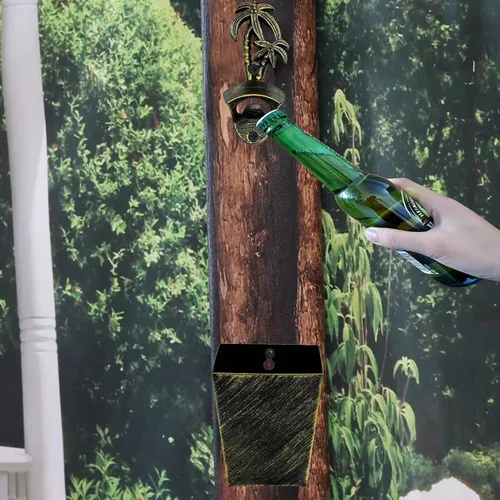 Vista 3 de Abridor de tapas de cerveza de montaje en pared, palmera de bronce envejecido inoxidable con rosca en abridor de botellas con tapa de drenaje