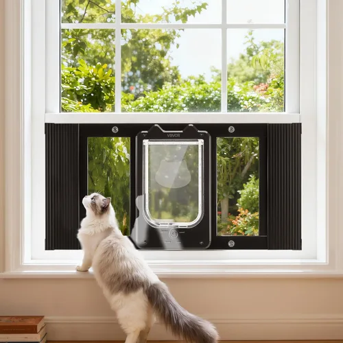 Vista 8 de VEVOR Puerta de gato para ventana, ajustable para adaptarse a un ancho de ventana de 27 a 32 pulgadas, 4 modos de bloqueo seguro, marco de aluminio