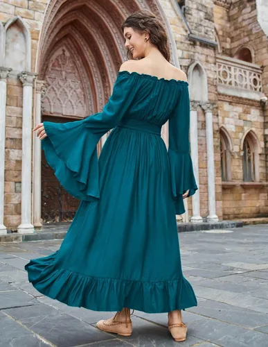 Vista 5 de Scarlet Darkness Disfraz de feria renacentista para mujer, vestido de manga larga acampanada con hombros descubiertos, vestido alto y bajo
