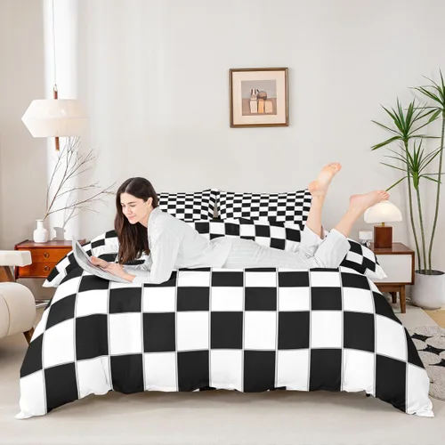 Vista 8 de Juego de funda de edredón geométrica negra Twin XL, juego de ropa de cama a rayas negras y blancas, moderno, suave, de lujo, de microfibra