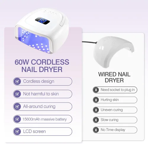 Vista 2 de Lámpara de uñas LED UV inalámbrica, secadora de uñas recargable de 60 W, luz de curado de esmalte de uñas para manicura con sensor automático y 4