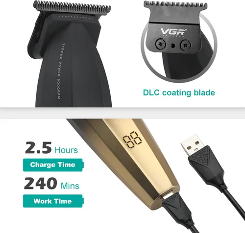 Vista 3 de VGR Cortadora de pelo profesional 906 Fresh Fade, 9000 rpm sin huecos para hombres, cortadora de pelo inalámbrica DLC T-Blade para barberos