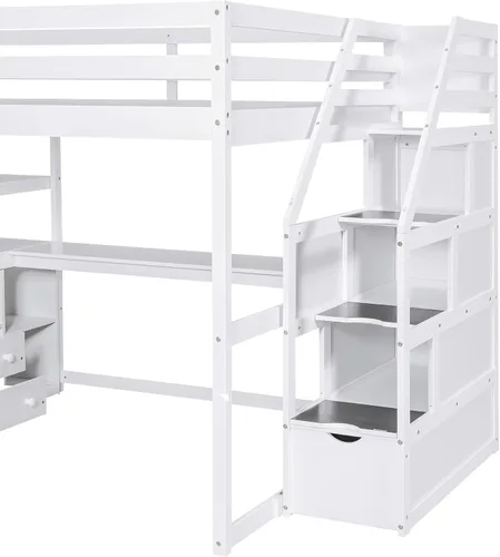 Vista 7 de Quarte Cama alta multifuncional, cama alta tamaño matrimonial con escritorio integrado y estantes de almacenamiento, dos cajones y escalera