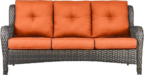 Vista 18 de Sofá Pop Patio de 2 plazas para exteriores con cojines gruesos de botones, respaldo alto, muebles de ratán de mimbre marrón resistentes y cómodos