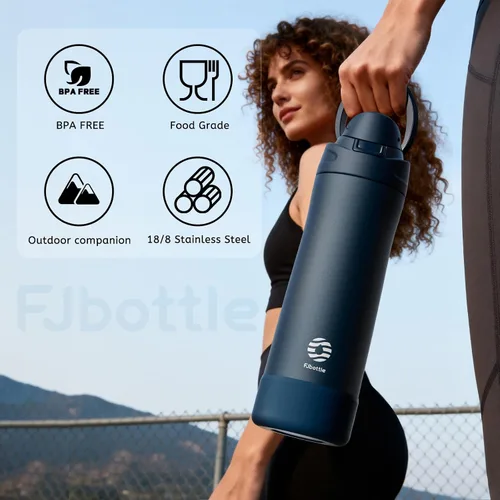 Vista 5 de FJbottle Botella de agua aislada de acero inoxidable, 24 onzas, sin popote, botella de agua deportiva a prueba de fugas con asa ajustable para Azul