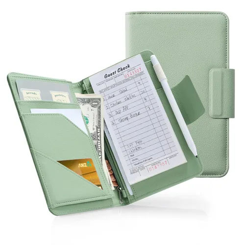 Vista 30 de CoBak Libreta para servidores de alta calidad: organizador de cartera de camarero de 5.12 x 7.91 pulgadas en piel auténtica, con 8 bolsillos