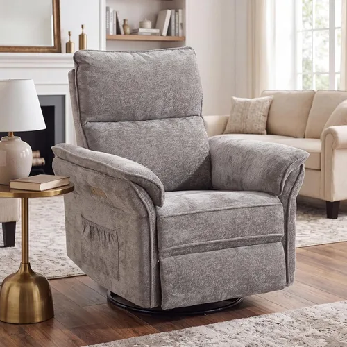 Vista 18 de Sillón reclinable giratorio de gran tamaño con reposacabezas ajustable, mecedora para guardería con reposabrazos sobrerelleno, silla reclinable Beige