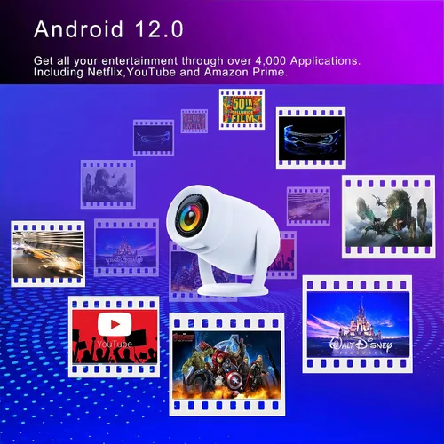 Vista 3 de Mini proyector portátil inteligente de 180° 4K con WiFi y Bluetooth para iPhone, proyector de techo de dormitorio 300ANSI con aplicaciones 1080P